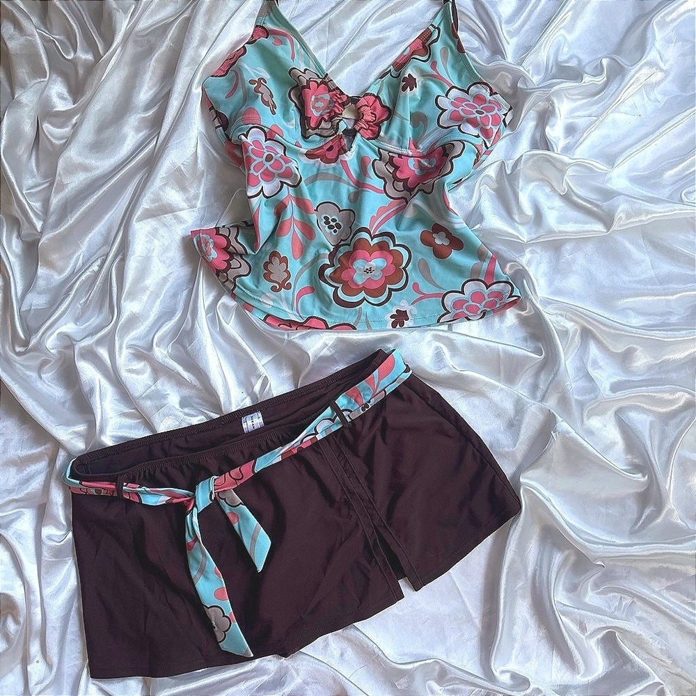 y2k floral Tankini Set Blue Brown Ocean Dream Swim Shorts 16